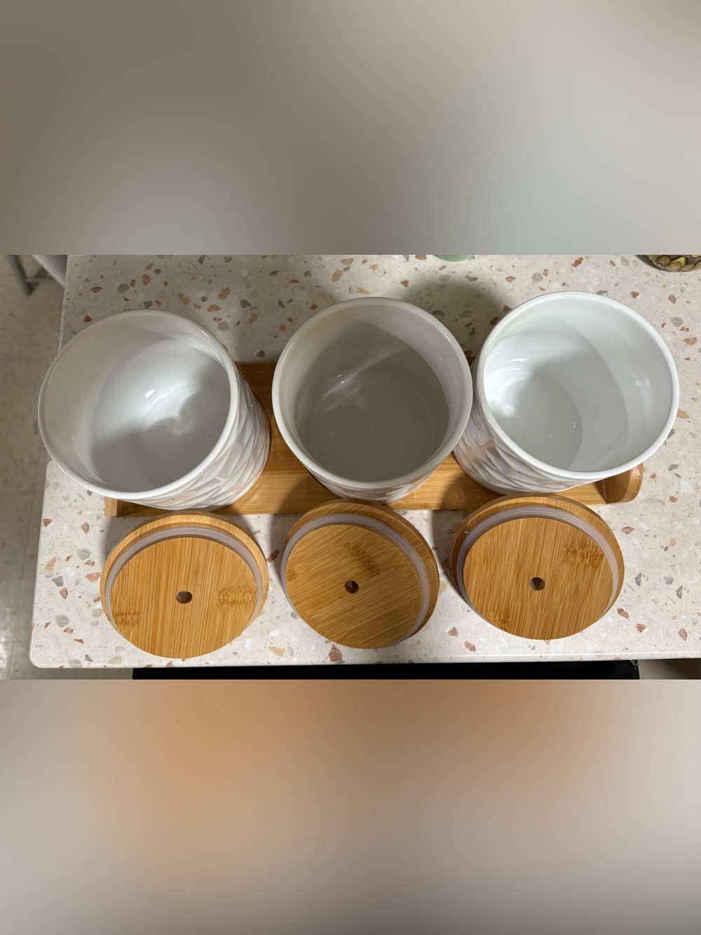 Set of 3 Ceramic Canisters for Sugar Coffee, Tea with Tray - Picture 14 of 17